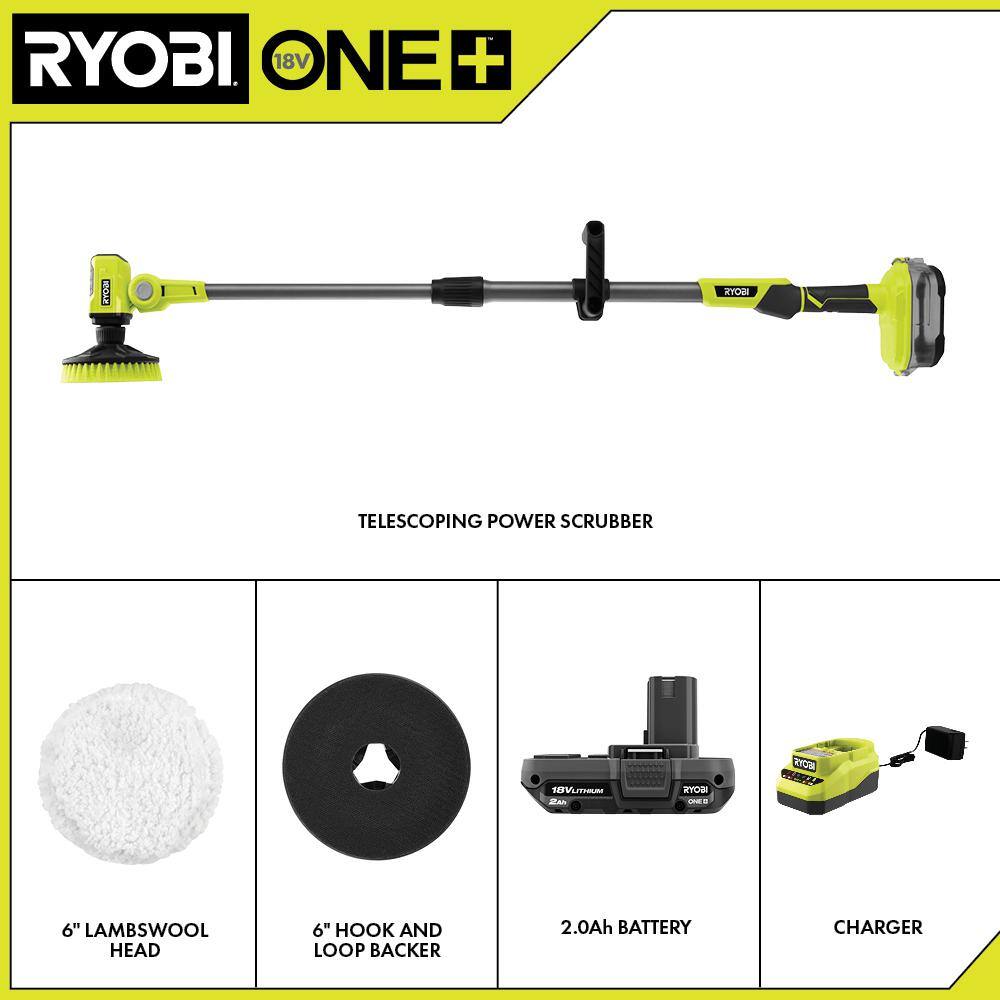 RYOBI ONE+ 18V Cordless Telescoping Power Scrubber Kit with 2.0 Ah Battery and Charger and 6 in. Lambs Wool Microfiber Kit P4500K-A95LWK1