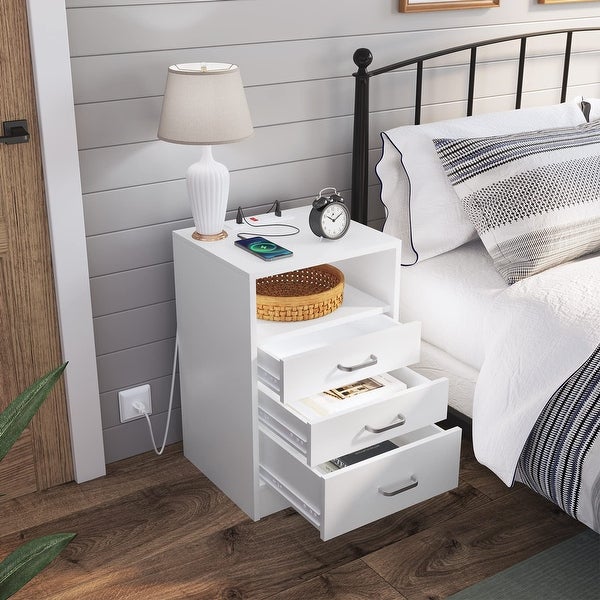 Nightstands Set of 2， White Night Stands with Charging Station， Bedside Table with Drawers and USB Ports for Bedroom，Living Room - - 37637641