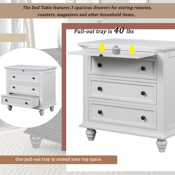 3-Drawer Wood Nightstand， Storage Cabinet with Pull out Tray - - 36938354