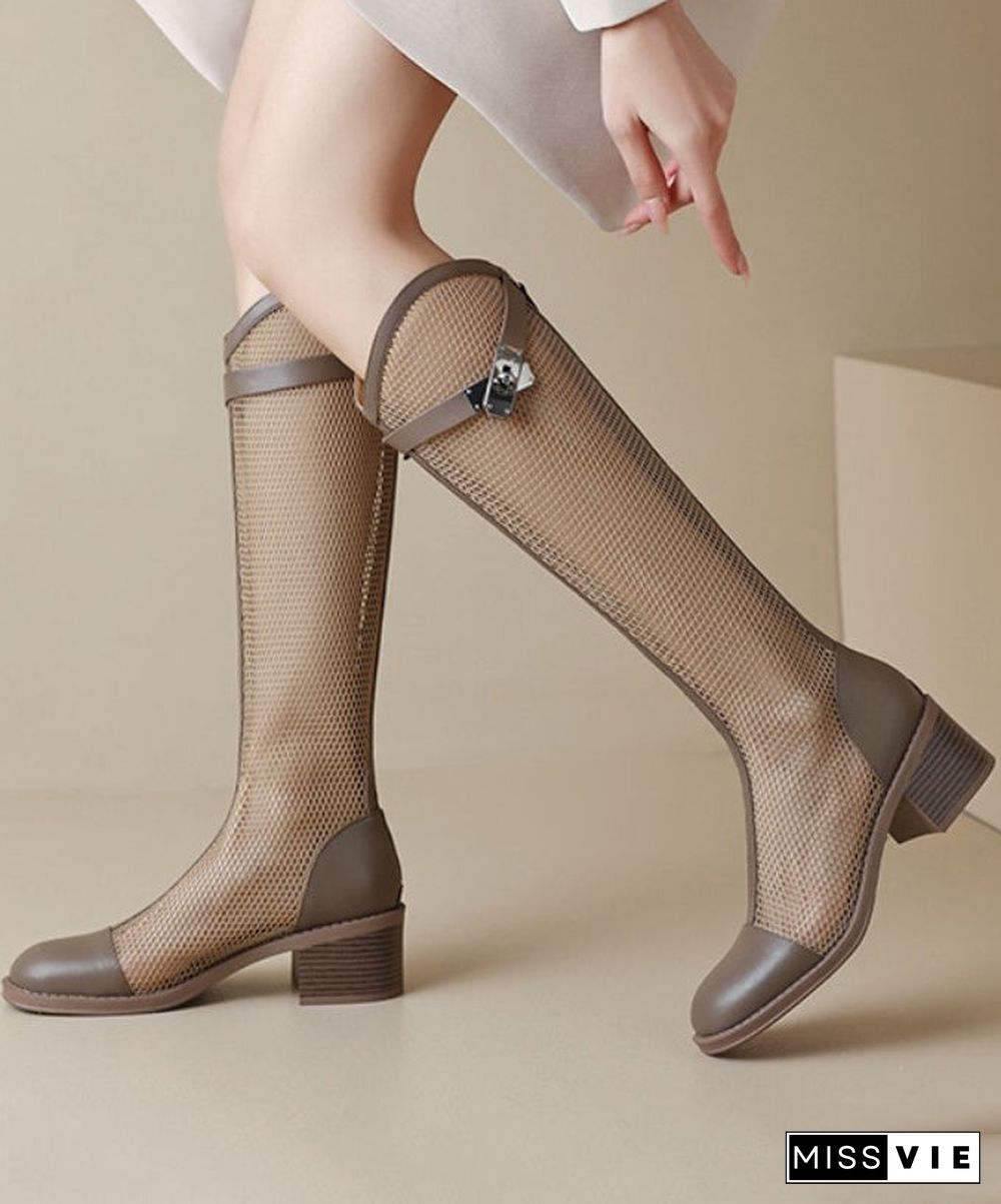 Handmade Tulle Knee Boots Splicing Hollow Out Suede Boots