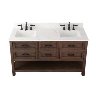 Home Decorators Collection Tolbrook 60in. W x 22 in. D x 34 12 in. H Vanity in Brown Oak with Engineered Carrara Marble Top and White Sinks TJ-0204V6022BR