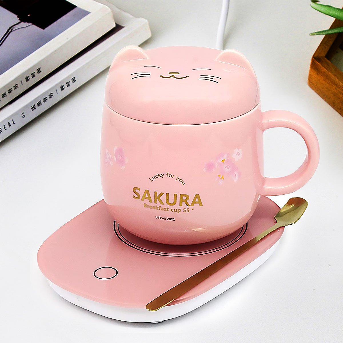 Smart Coffee Mug Warmer， Cat Coffee Cup Warmer Set， Coffee Warmer Mug Warmer with Cup for Desk， Ceramic Cup Warmer Set， Pink