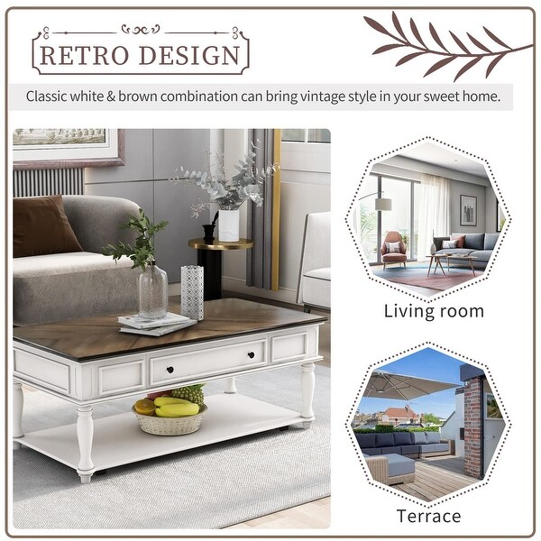 Retro Cocktail Table Wood Coffee Table with Drawer and Storage Shelf， Living Room Table with Lockable Caster Wheels - as picture