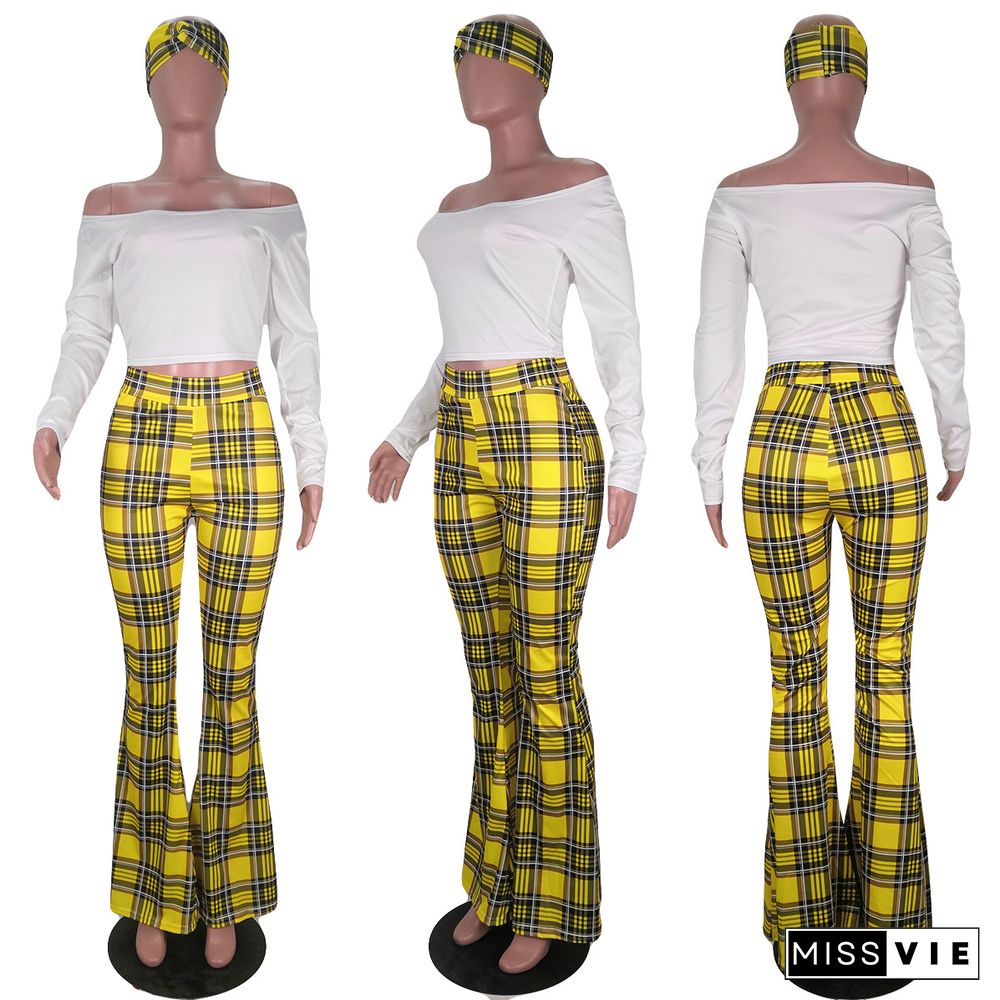 Long Sleeve T-shirt Plaid Printed Bell-Bottom Two-piece Set With Scarf