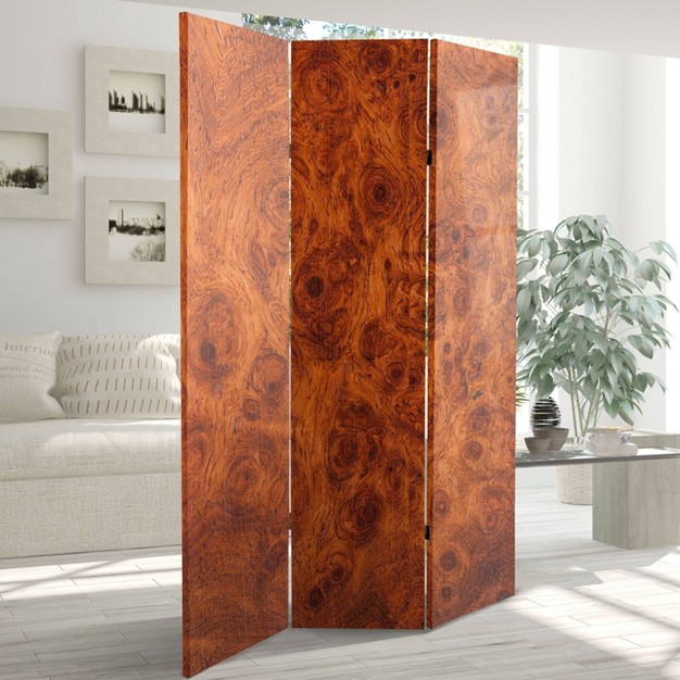 Double Sided Burl Wood Pattern Canvas Room Divider Brown Oriental Furniture