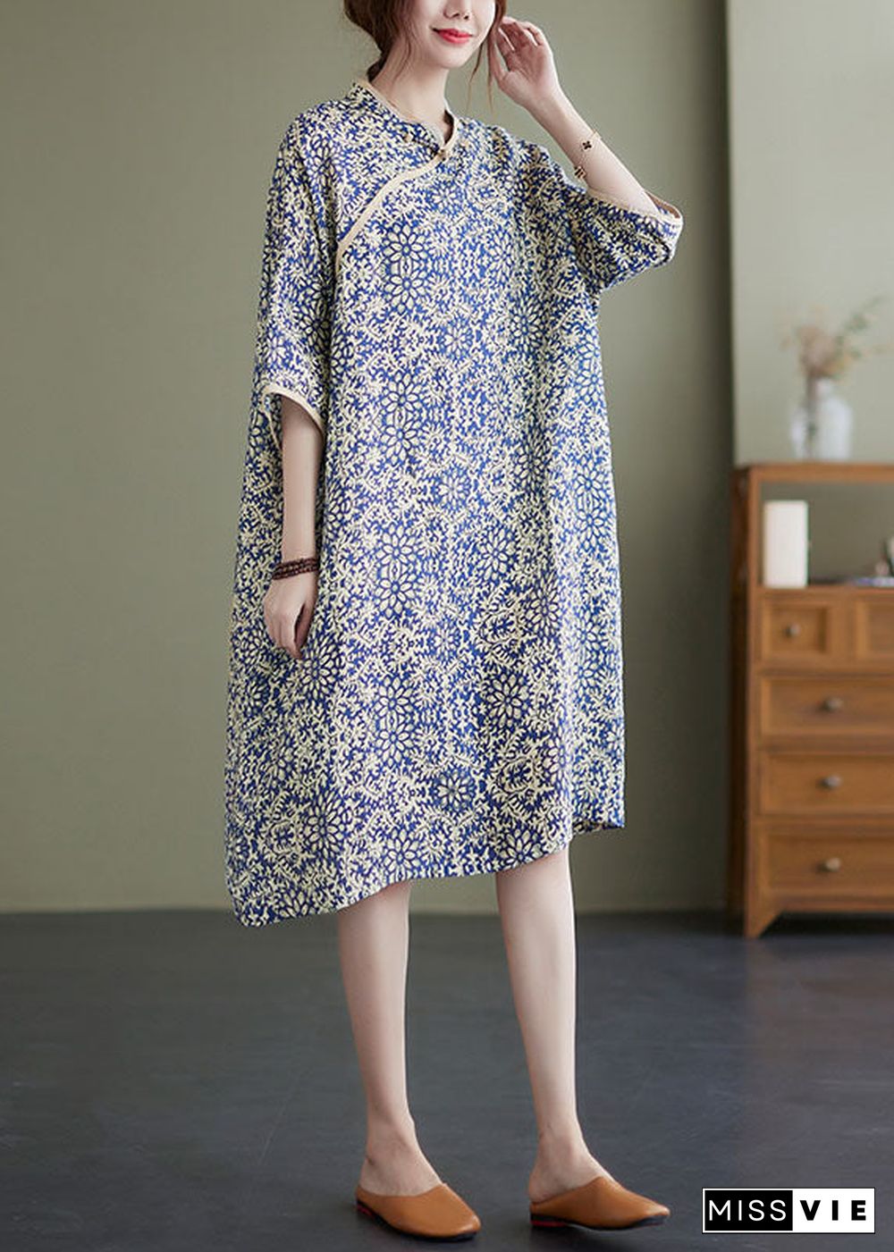 Oriental Stand Collar Pockets Print Cotton Cheongsam Dresses Half Sleeve