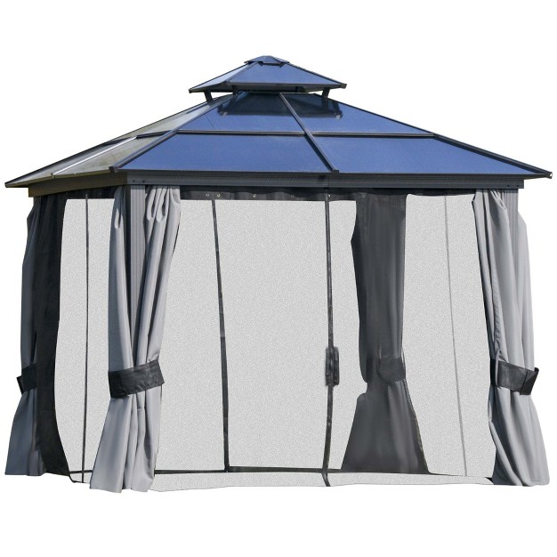 Outsunny Hardtop Gazebo Outdoor Polycarbonate Canopy Aluminum Frame Pergola With Double Vented Roof Netting amp Curtains For Garden