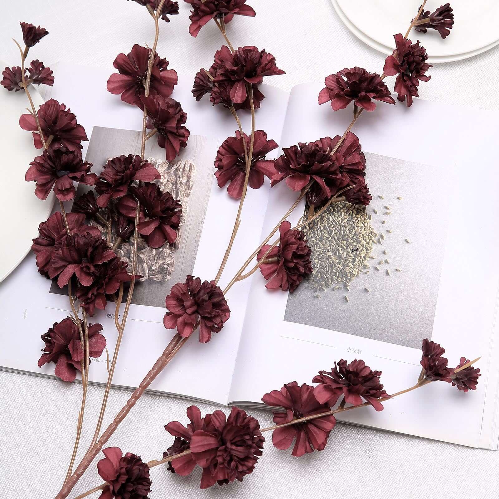 2 Branches Burgundy Artificial Silk Carnation Flower Stems 42