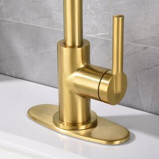 Ultra Faucets Kree Single Hole Single-Handle Bathroom Faucet Rust and Spot Resist with Drain Assembly in Brushed Gold UF30708