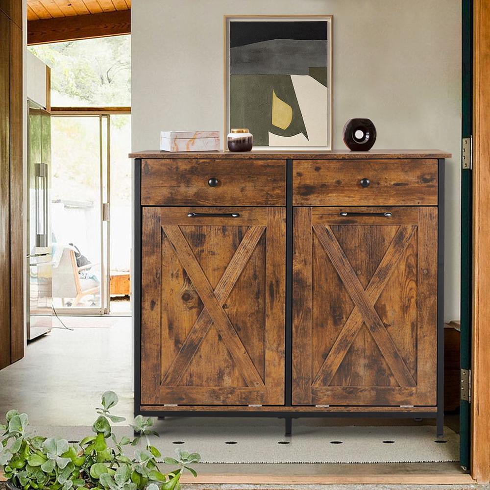 Eclife 39.4 Double Style Tilt Out Trash Cabinet Dual Rustic Wooden Kitchen Trash Cabinet with Barn Door and Solid Hideaway Drawer