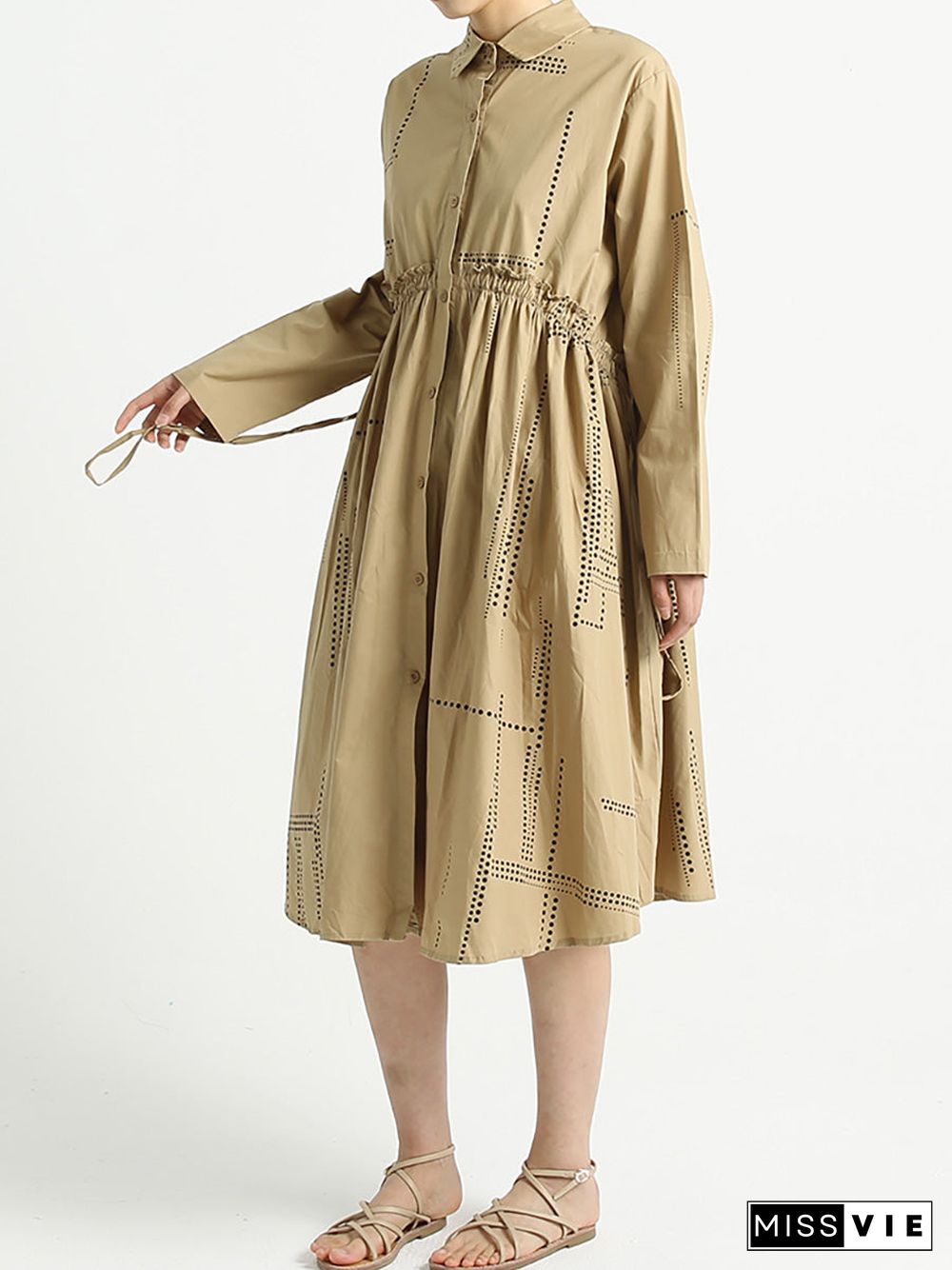 Turndown Collar Long Sleeve Loose Casual Cotton Dress