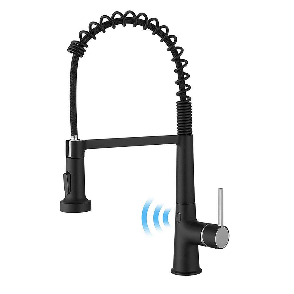 matrix decor Single Handle Touchless Deck Mount Gooseneck Pull Down Sprayer Kitchen Faucet with Handles in Black MD-ALIS1270BPR