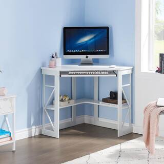 VECELO Corner Desk 29.5 in. W Triangle White Computer Desk Wooden Desk Sturdy Steel Frame Computer Desk with Keyboard Tray KHD-XJM-CD03-WHE