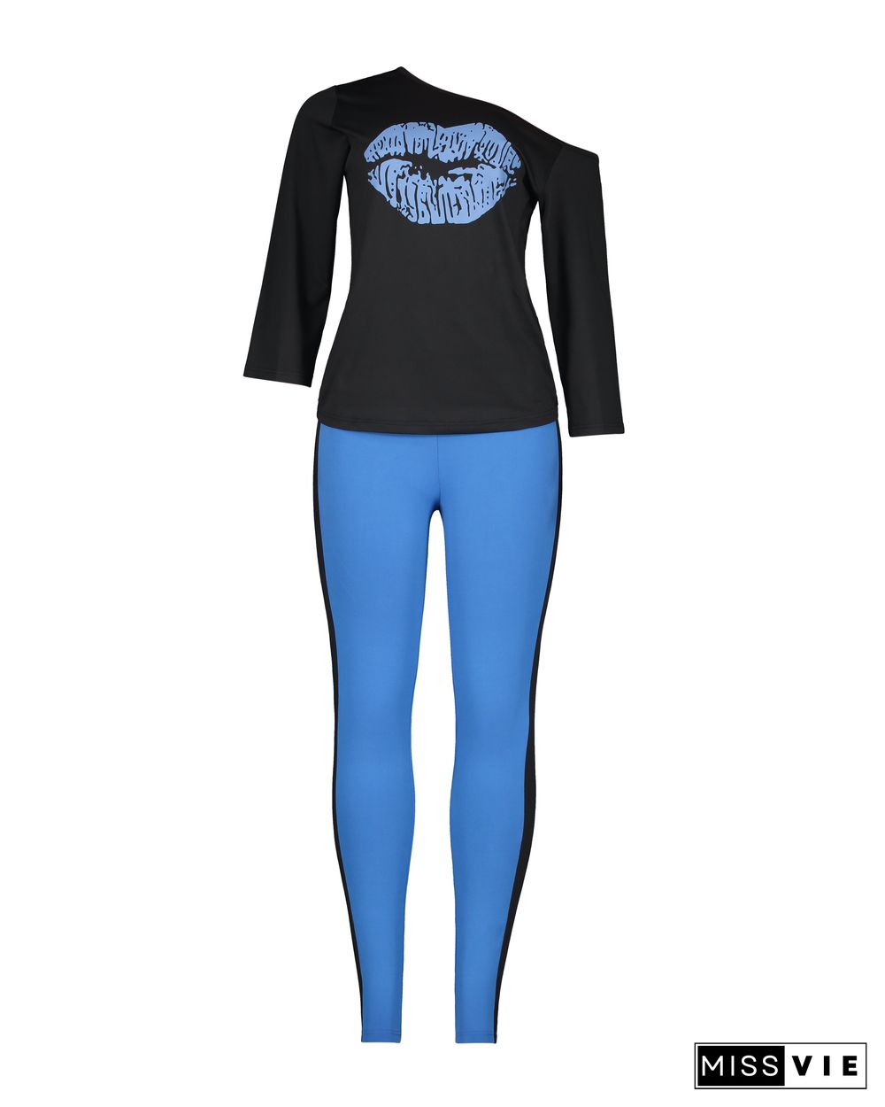 Lip Print Two Tone Drawstring Waist Long Sleeve T-Shirt & Pants Set