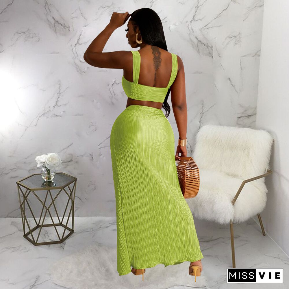 Pleated Sexy Backless Crop Tops High Slit Skirt Sets