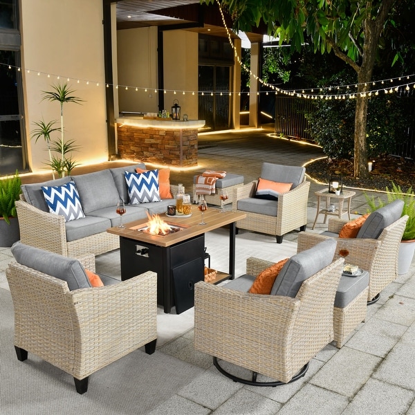 HOOOWOOO Outdoor Patio 9piece Wicker Rattan Furniture Set with Fire Pit Table