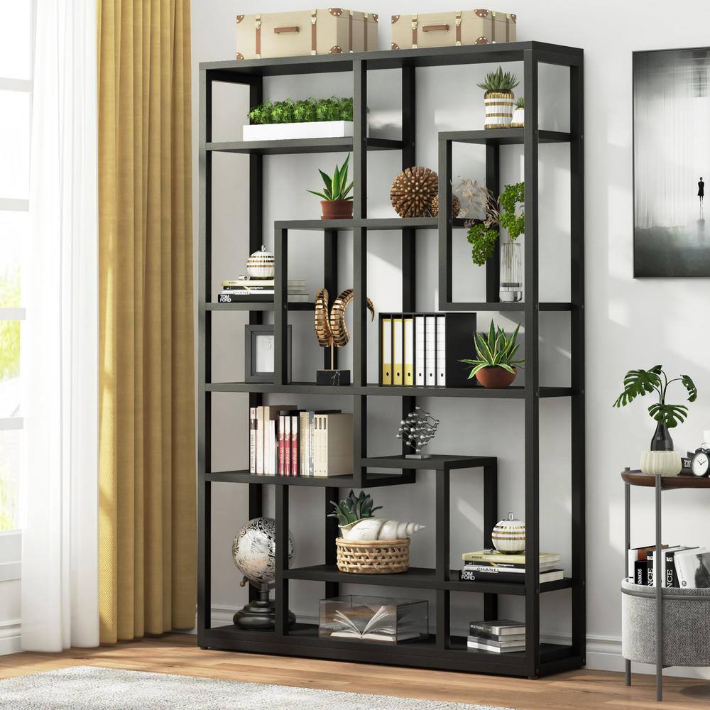 BYBLIGHT Eulas 70.8 in. Black Wood 10 Shelf Etagere Bookcase with Open Shelves BB-CJ148DT