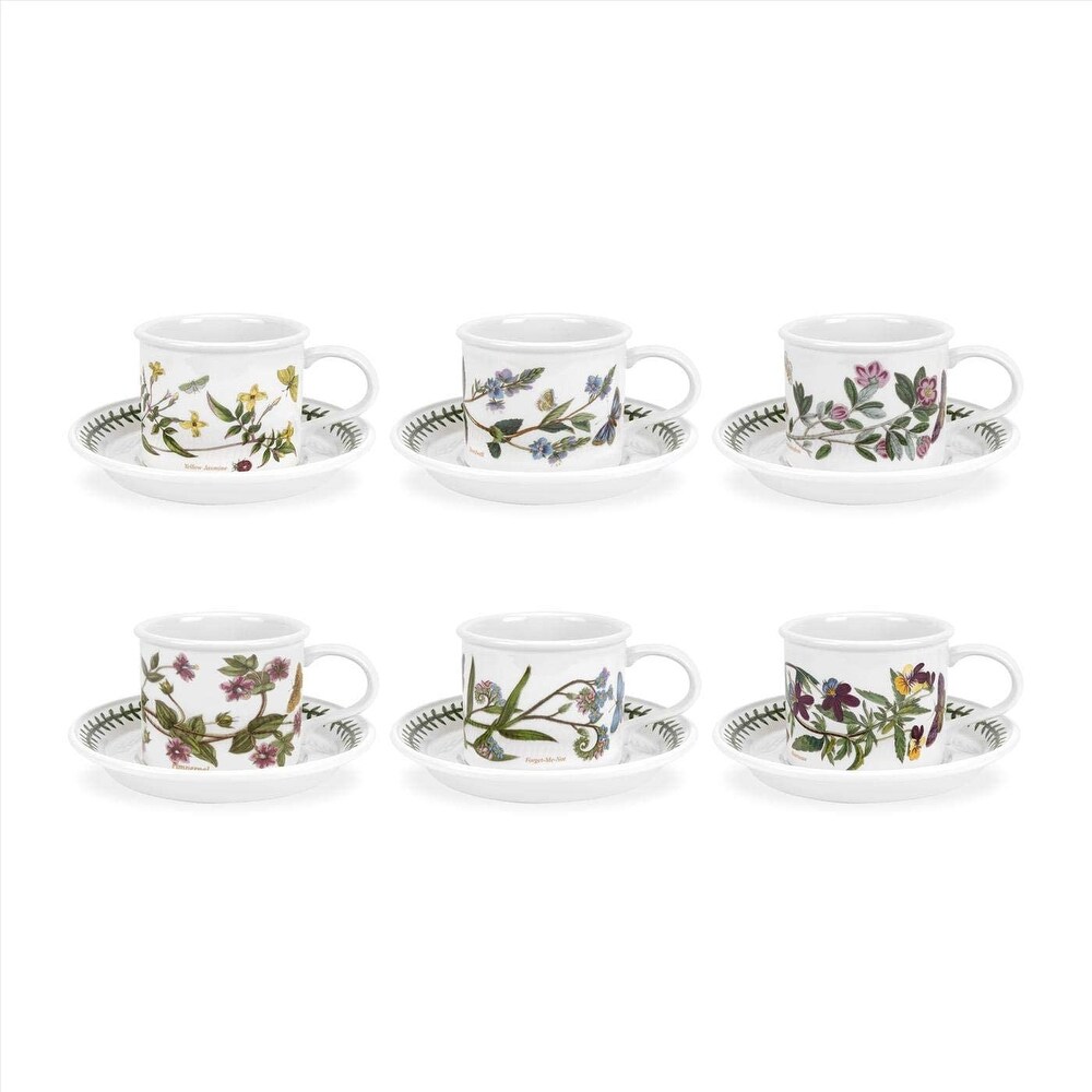 Portmeirion Botanic Garden Drum Shaped Teacups and Saucers Set of 6