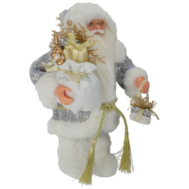 White And Gold Standing Santa Carrying A Full Sac Of Presents Christmas Figure