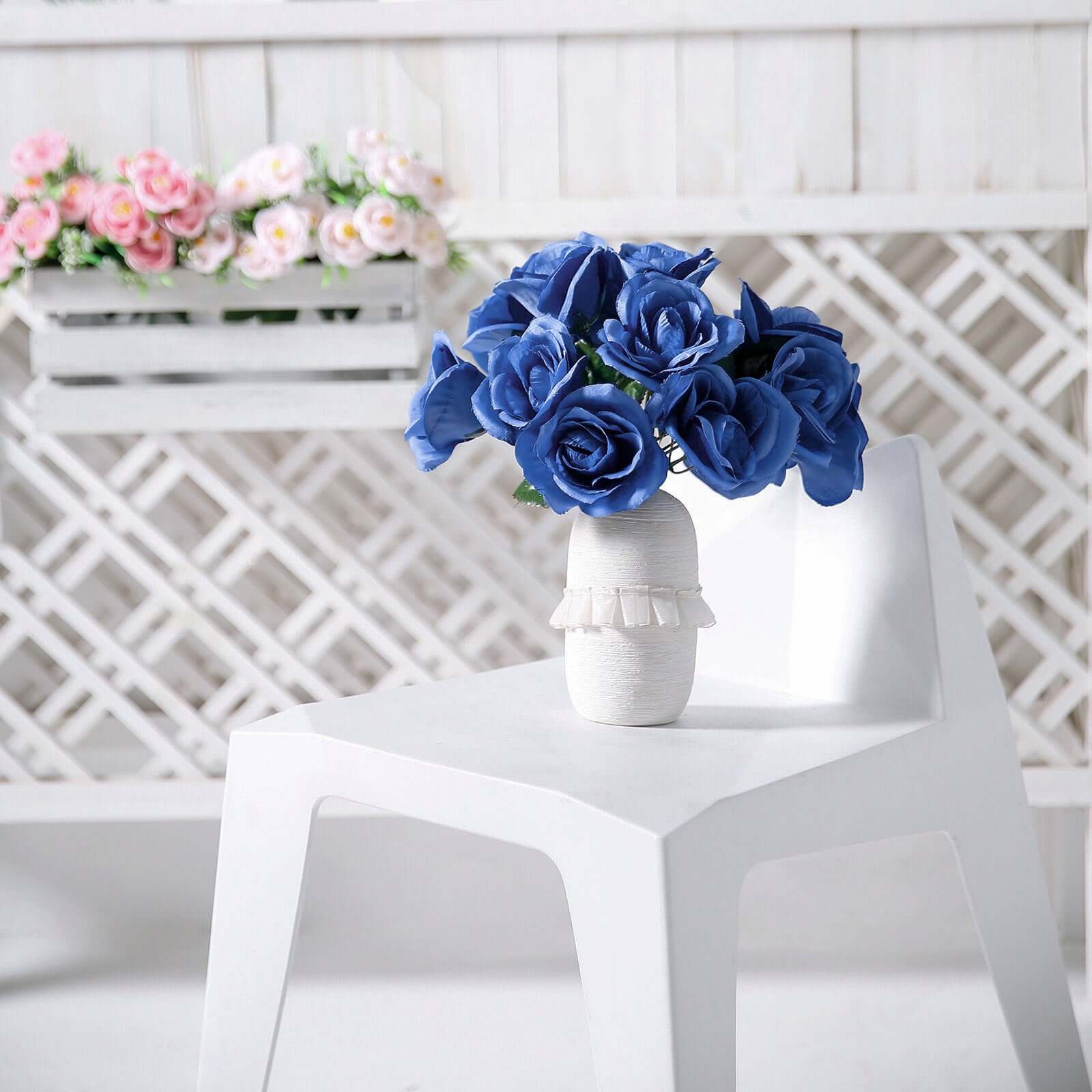 Royal Blue Artificial Velvet-Like Fabric Rose Flower Bouquet Bush 12