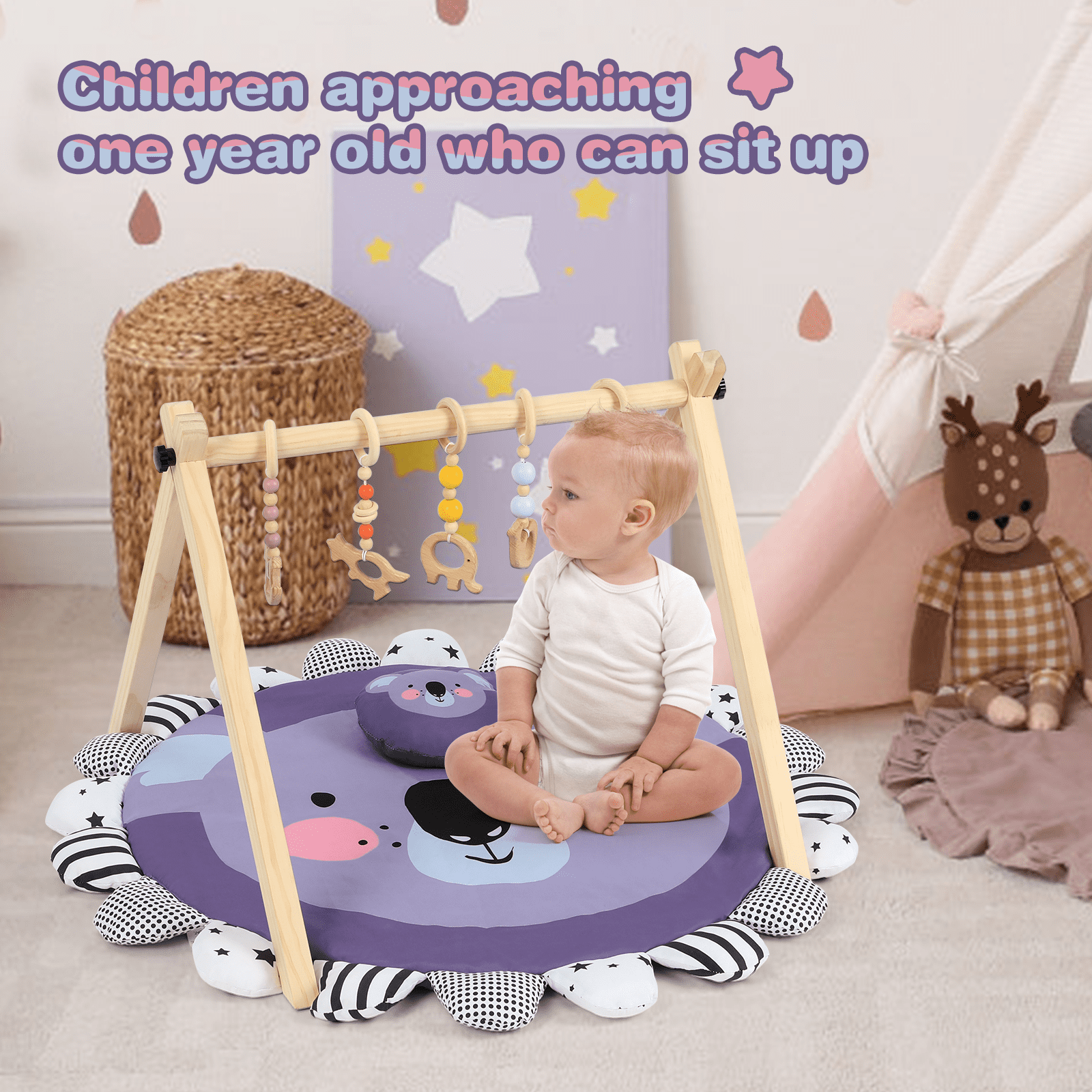 Cowiewie Wooden Play Gym， Activity Gym for Baby with 5 Hanging Toys and Play Mat， Purple