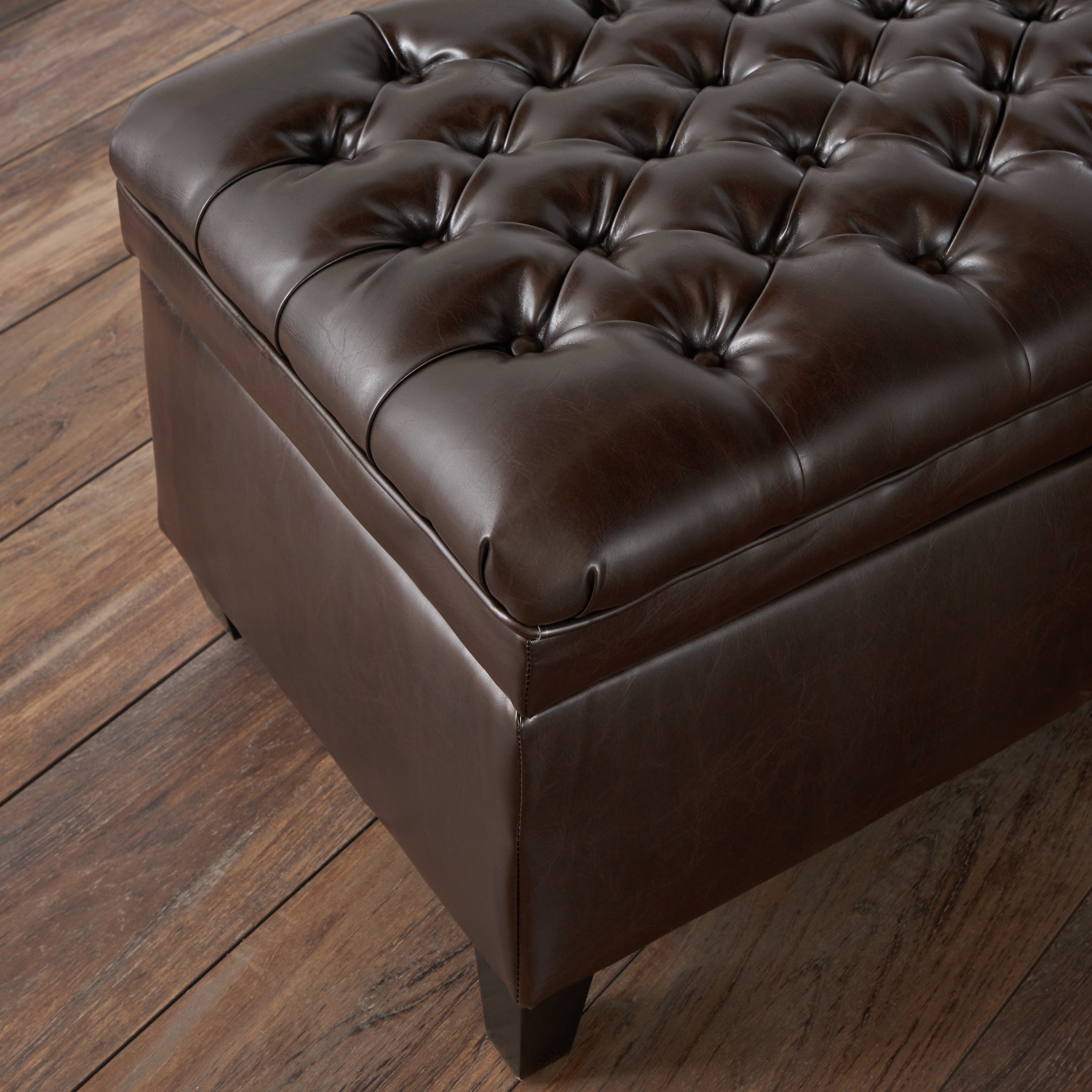 Sheffield Contemporary Button Tufted Brown Faux Leather Storage Ottoman