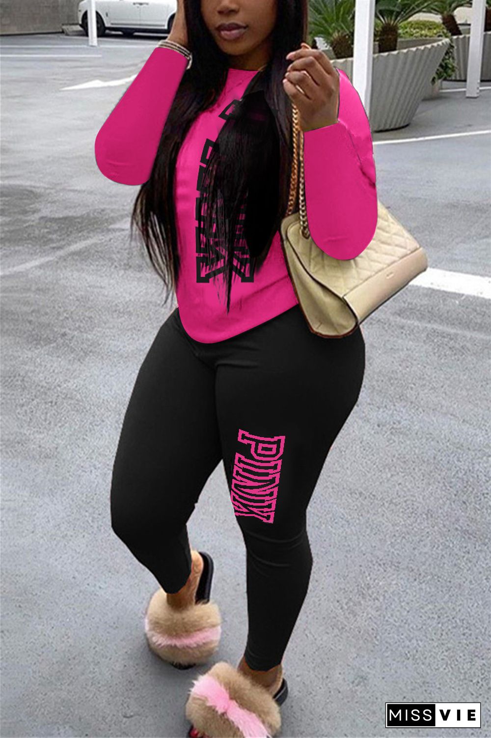 PINK Letter T Shirt Tops Skinny Pants Two Piece Sets