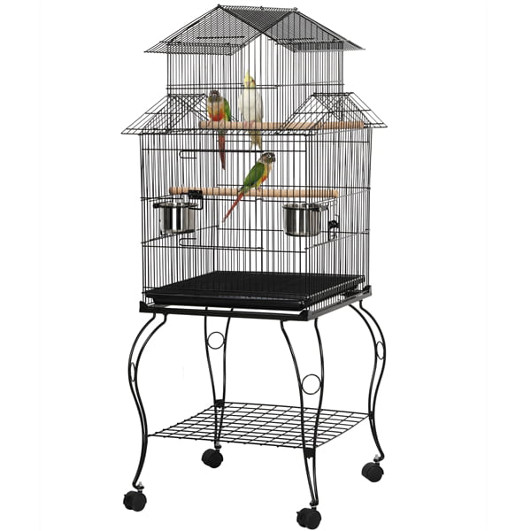 generic Triple Roof Rolling Bird Cage with Stand Perch， Large， Metal， Black