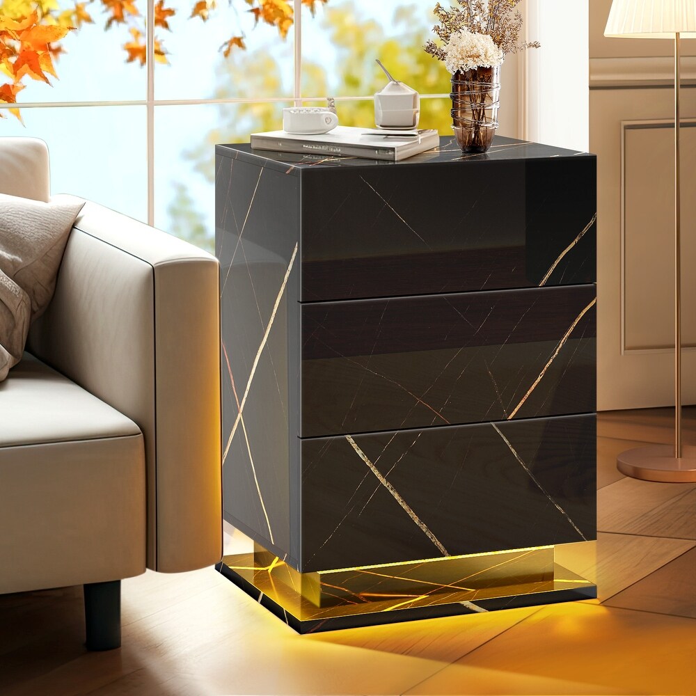 Moasis High Gloss 3 Drawers Nightstand with LED Lights