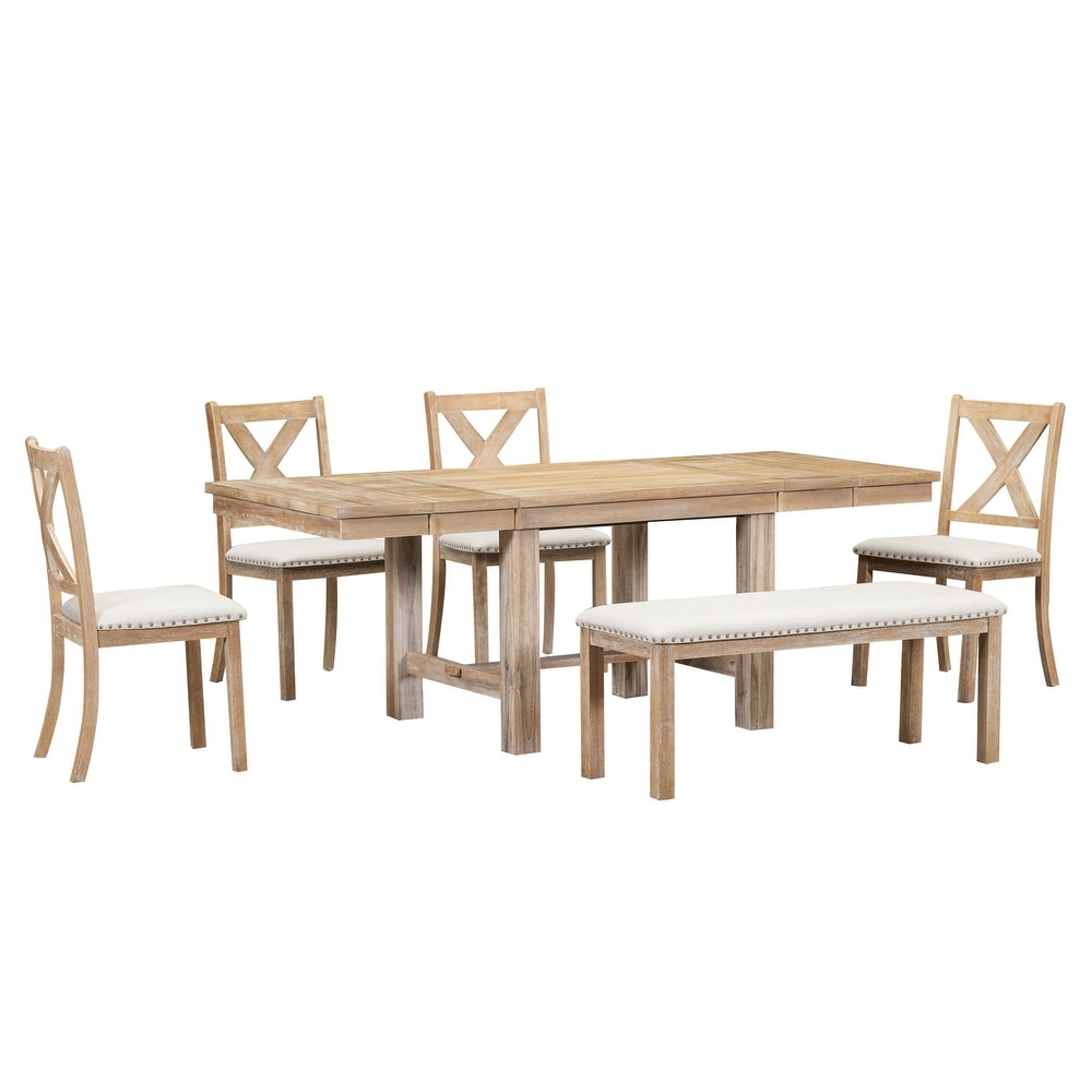 Classic 6 Piece Dining Set with Rectangular Extendable Dining Table and Upholstered Chairs   Bench w/Nailhead  for Dining Room