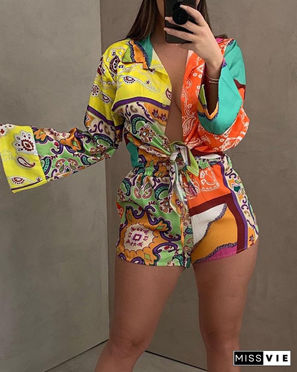 All Over Print Button Front Blazer & Drawstring Waist Shorts Set