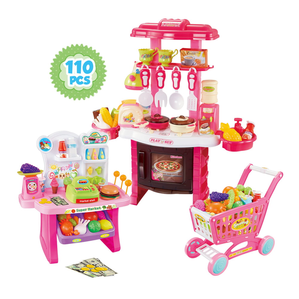 Mundo Toys 110 Piece Kitchen Set for Kids with Mini Supermarket for Girls