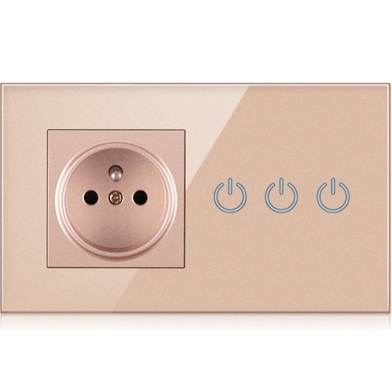 Led Triple Light Touch Switch 10a Eu Power Outlet Socket 100v~250v Gold Glass Panel French Wall Electrical Socket