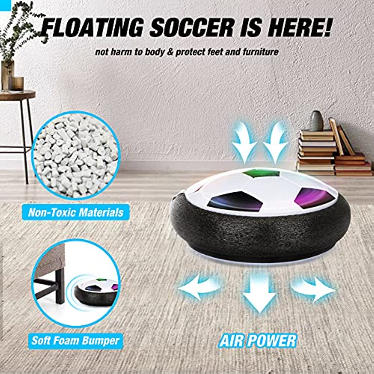 Ruohey Hover Soccer Ball Toys  LED Hover Ball with Foam Bumper Inflatable Soccer Toys Indoor Battery Operated Air Floating Hovering Disc for Girls and Boys, Soft Foam Bumpers, Ages 3-13