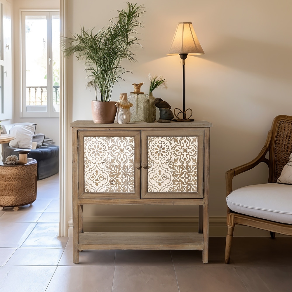 Rustic Natural Wood 2 Door Floral Storage Cabinet