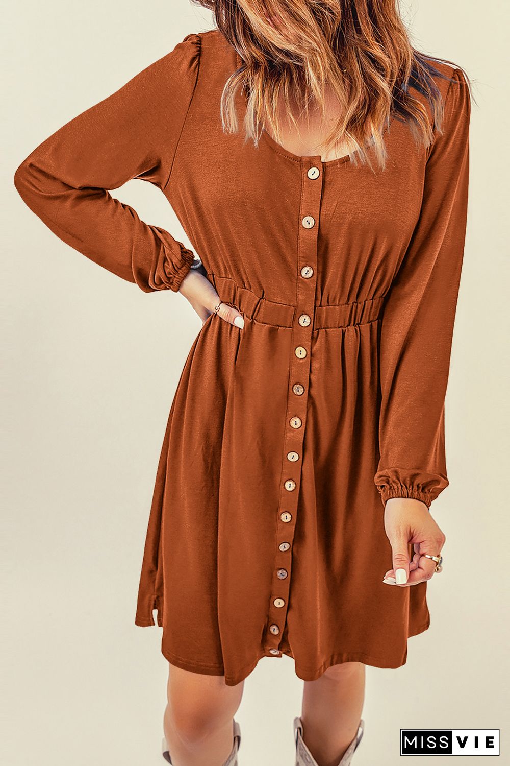 Brown Button Up High Waist Long Sleeve Dress