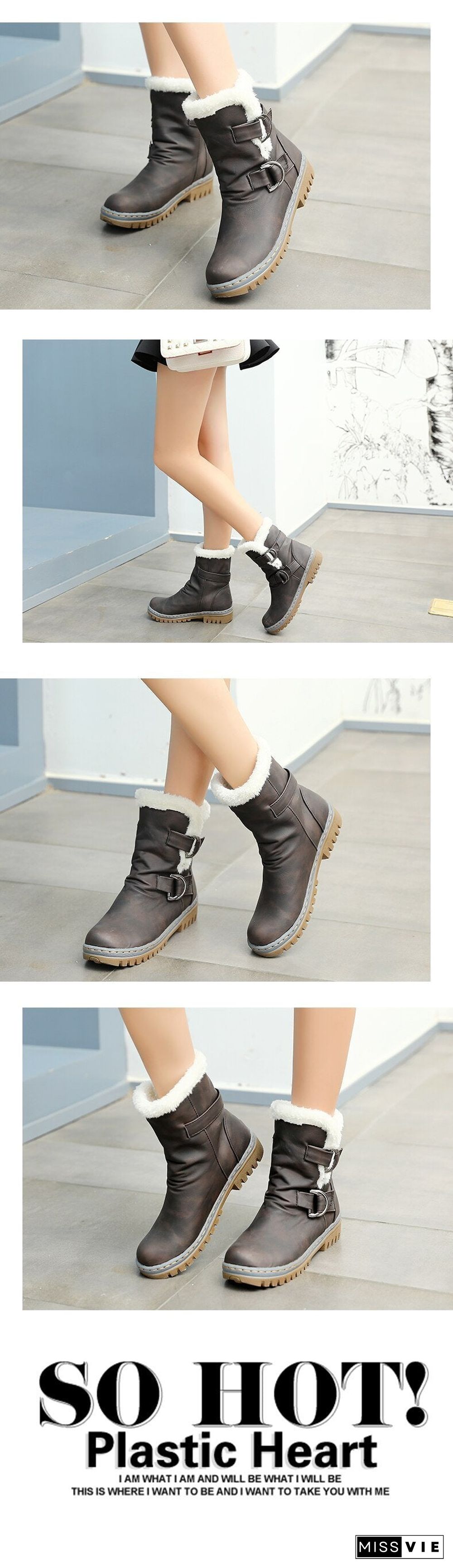 Women Leather Warm mid-calf Plush Fur Velvet Boots Booties Snow Shoes