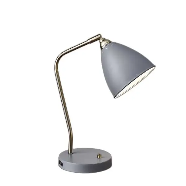 Grey Metal and Antique Brass Adjustable USB Port Desk Lamp - 6.25 x 12.75 x 21