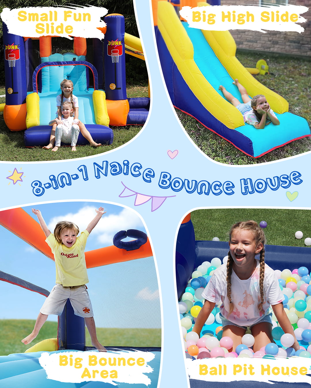 Inflatable Bounce House for Kids 3-12 177" x 119" x 71" Double Slide Climbing Wall and Ball Pit Jumping Castle