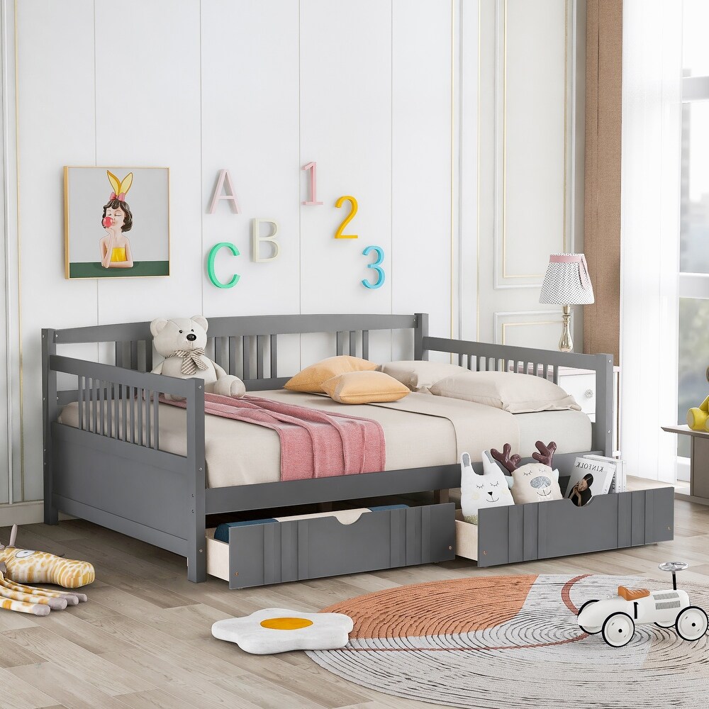 Daybed with Two Drawers  Solid Wooden Bedframe with Safety Guardrails   Wood Slat Support