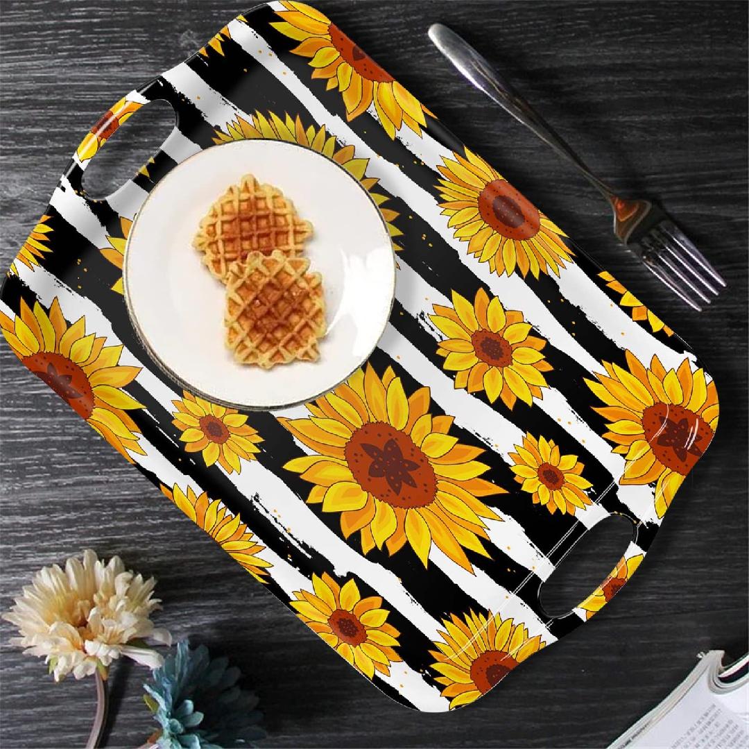 Serving Tray Decorative Tray with Handles Multi-Purpose Rectangular Serving Trays for Restaurant, Parties, Coffee Table, Kitchen - Sunflower Black and White Stripes