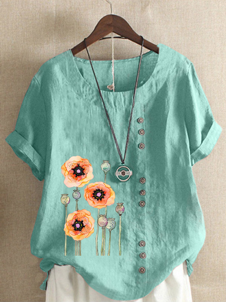 Round Neck Casual Loose Floral Print Short Sleeve Blouse