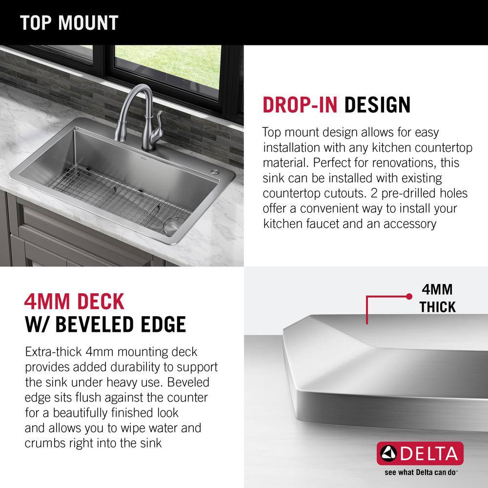 Delta Lorelai 16 Gauge Stainless Steel 33in. Single Bowl Drop-in Workstation Kitchen Sink with Accessories 95A932-33S-SS