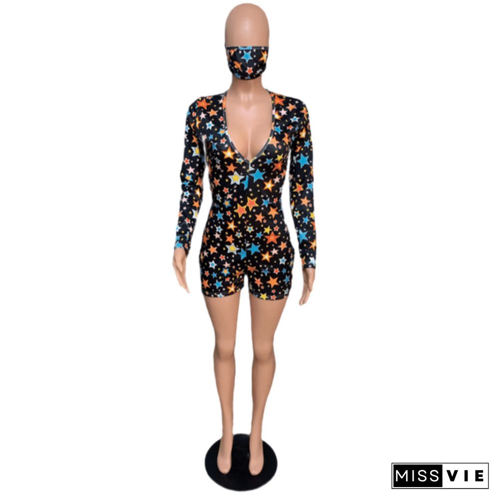 Colorful Star Print V-neck Long Sleeve Romper With Mask