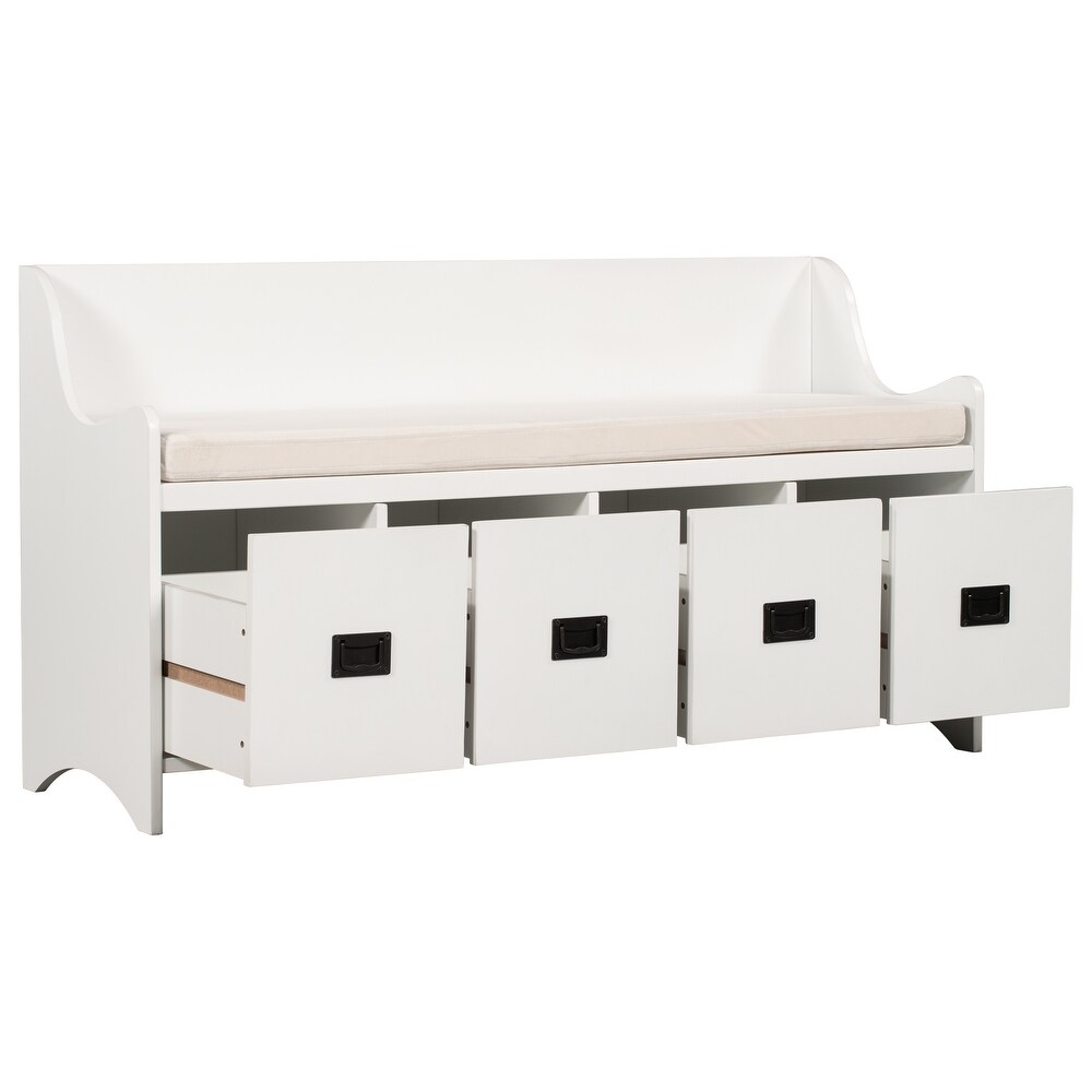 White Entryway Storage Bench with Drawers and Backrest