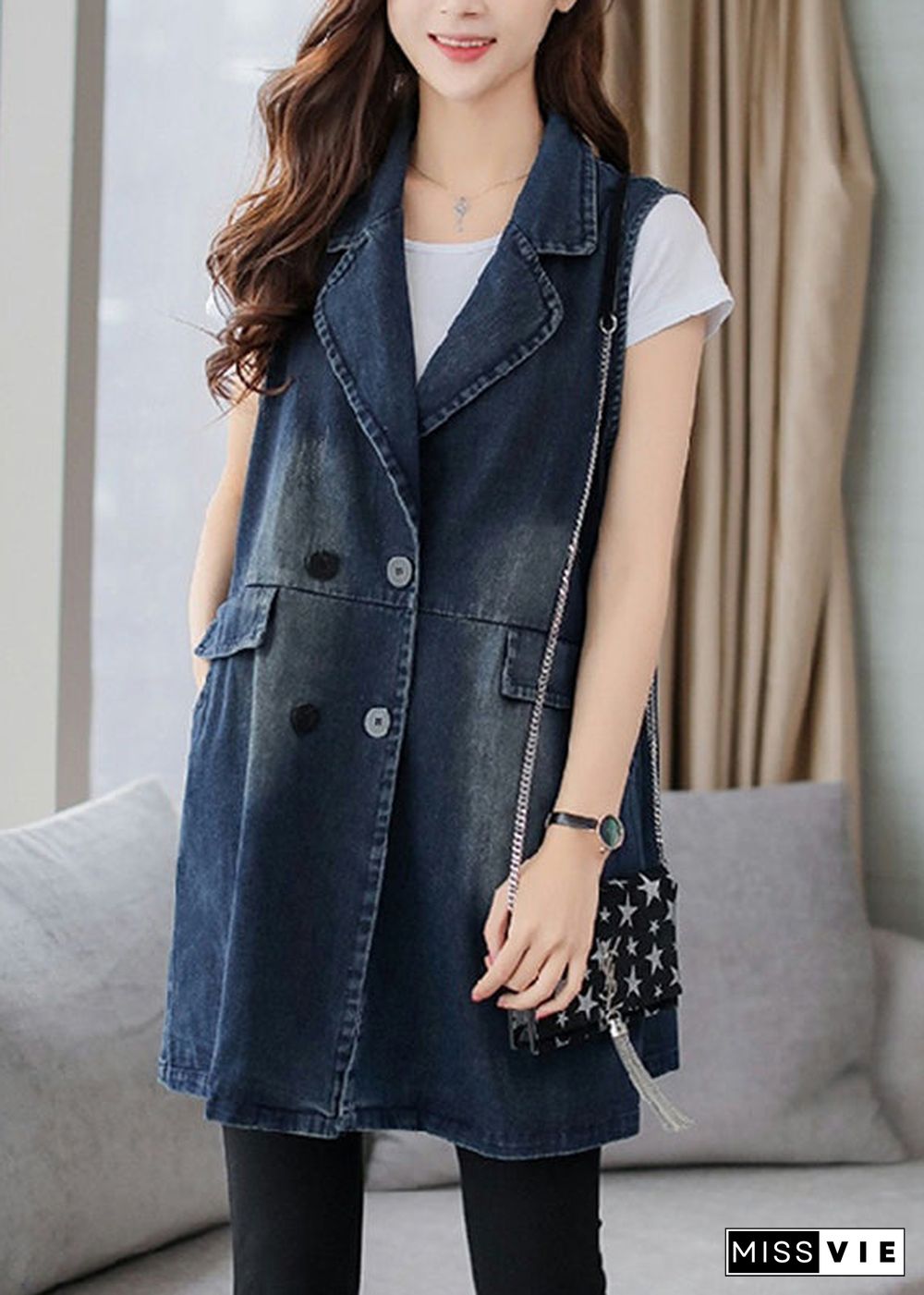 Elegant Blue Notched Patchwork Button Denim Waistcoat Fall