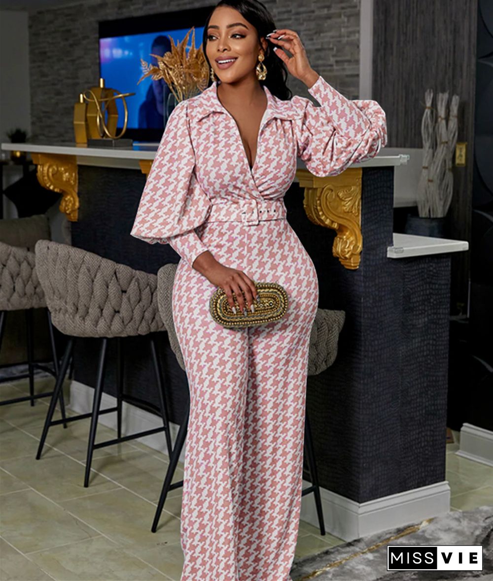 Office Lady Houndstooth Blazer+Wide Leg Pants Suit