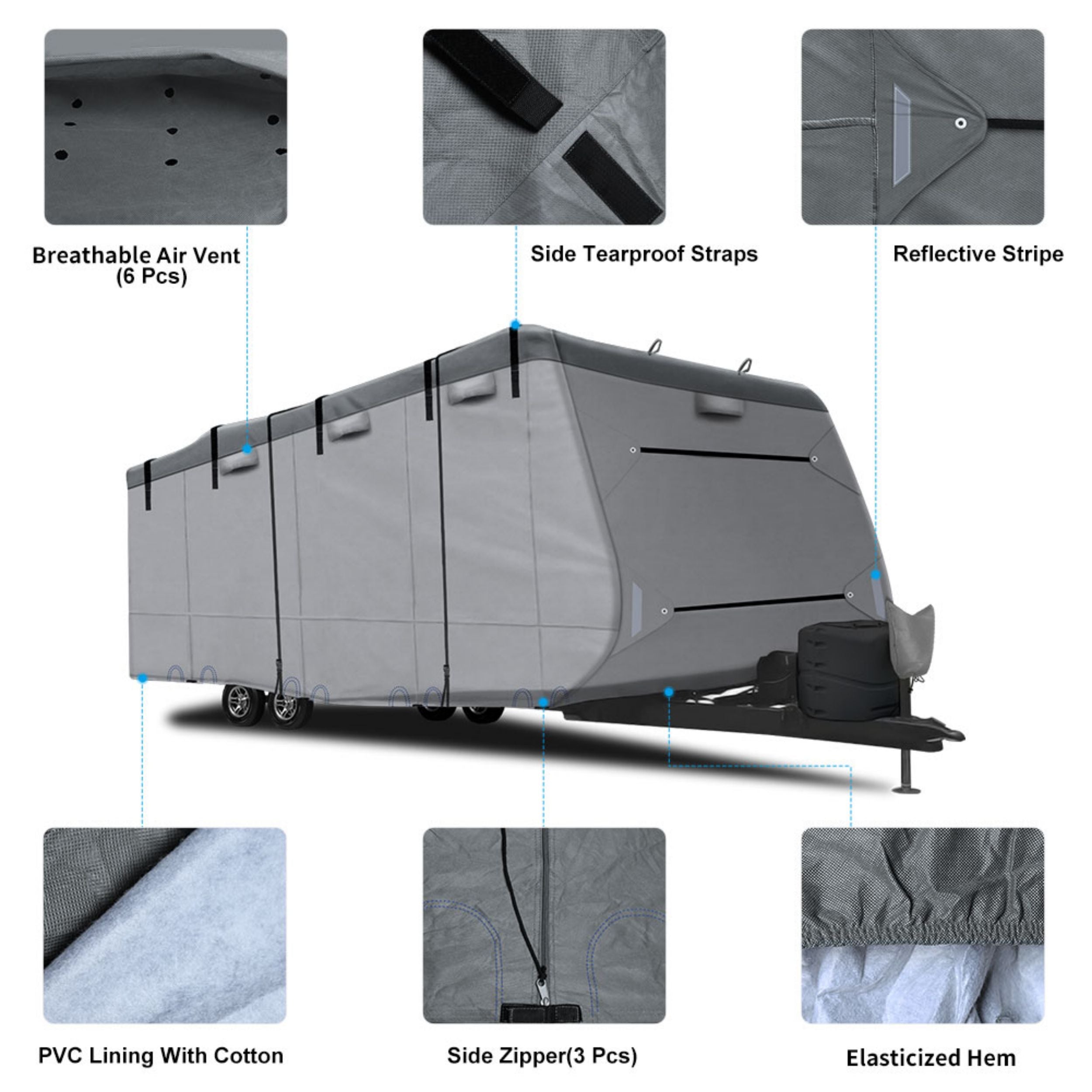 RVmasking 7 Layers Top RV Cover， 26-34' RV Covers for Travel Trailers Motorhome Anti-UV， Rip-Stop， Breathable with Tongue Jack Cover， 2Pcs Straps and Gutter Coversandnbsp;