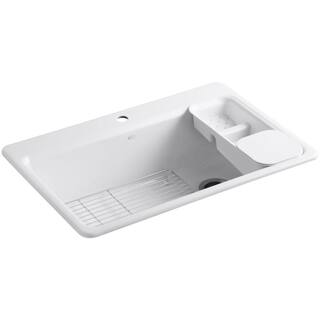 KOHLER Riverby Workstation Drop-In Cast Iron 33 in. 1-Hole Single Basin Kitchen Sink Kit with Accessories in White K-5871-1A2-0