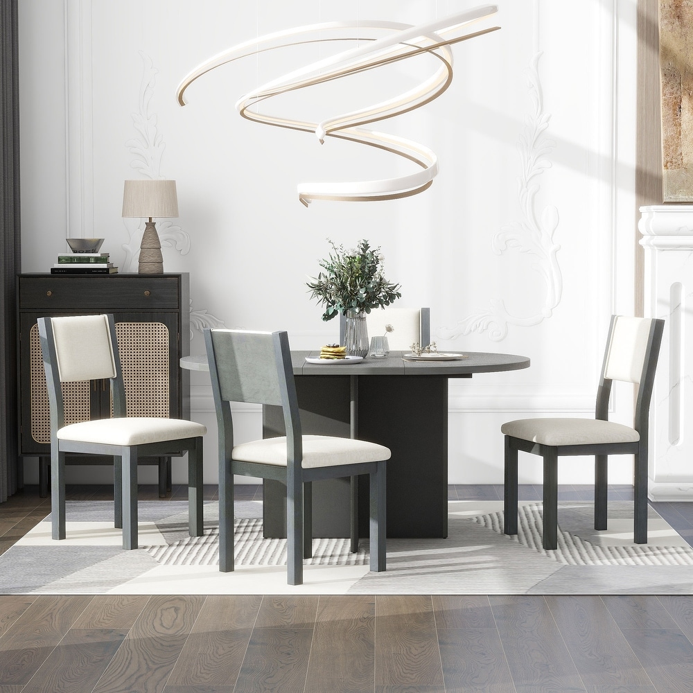 Retro 5 Piece Functional Dining Set with Oval Extendable Dining Table and Upholstered Dining Chairs for Dining Room  Gray